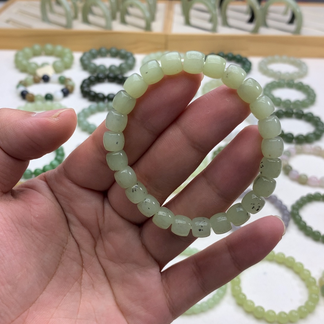 和田玉手串（直切点墨青花8）未镶嵌