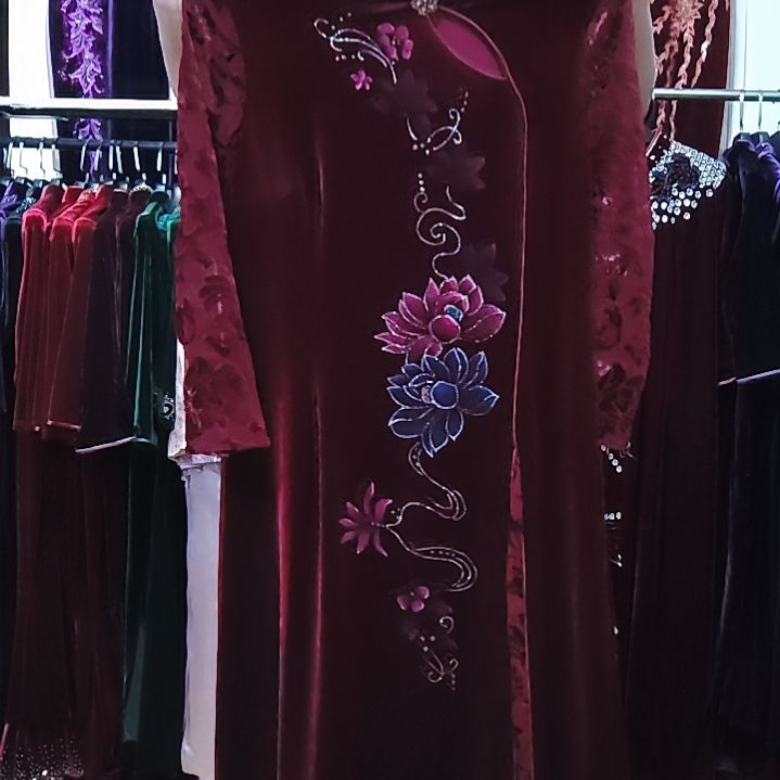 l码旗袍连衣裙拼接蕾丝金丝绒