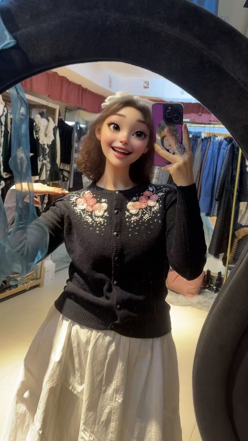 花朵长袖开衫小香风圆领针织秋季毛针织衫毛衣女