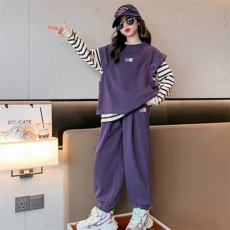 女童秋装卫衣套装2025新款儿童装时髦洋气女大童春秋款马甲三件套