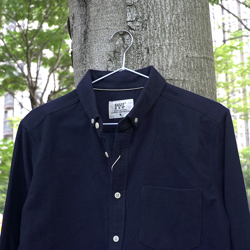 巴司司衬衫法兰绒藏蓝色衬衫男长袖纯棉休闲方格磨毛衬衣418