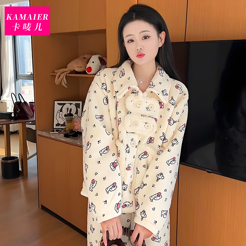 (爱心小狗)冬季休闲保暖加厚可爱狗狗睡衣女显瘦长袖可外穿