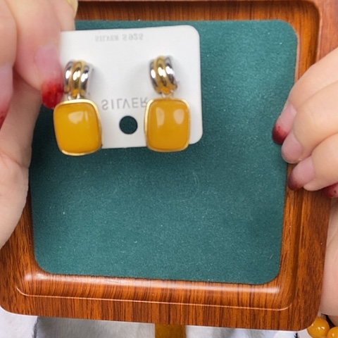 蜜蜡耳饰银S925镶嵌耳吊