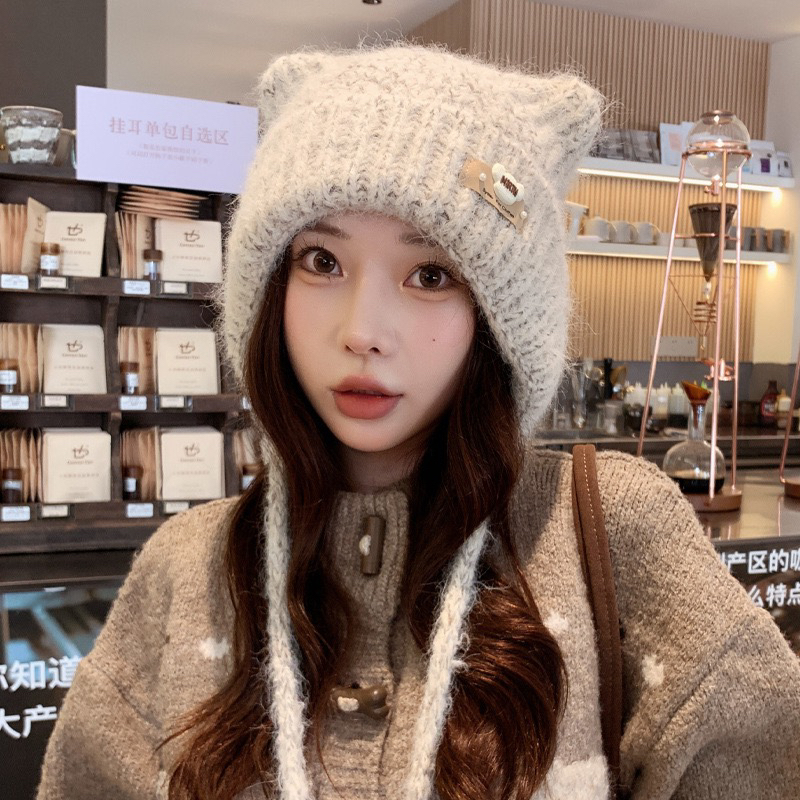 可爱风猫耳朵针织帽子毛绒冬天女秋冬加厚保暖护耳百搭毛线冷帽