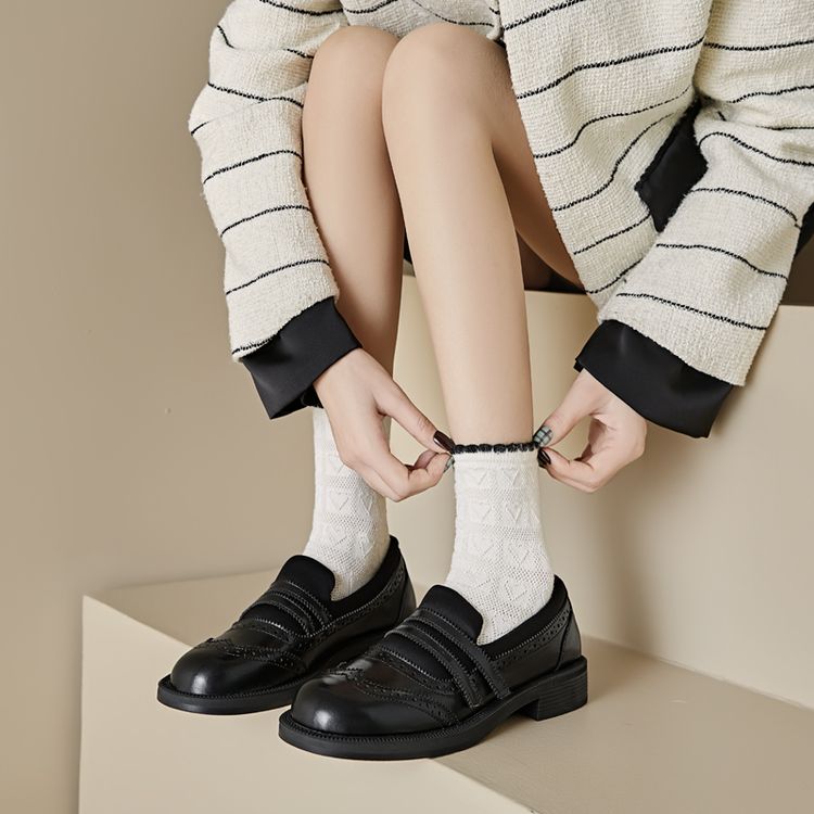 【3.0cm】牛皮粗跟深口百搭简约时尚圆头女士单鞋5077-6