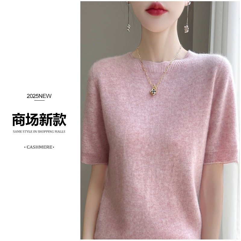 商场夏季新款 精纺水溶100%纯羊毛一线成衣圆领针织打底女士短袖