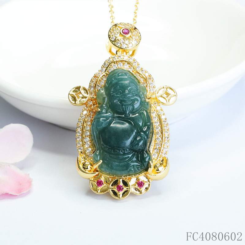 天然A货翡翠财神爷吊坠蓝水玉石挂坠