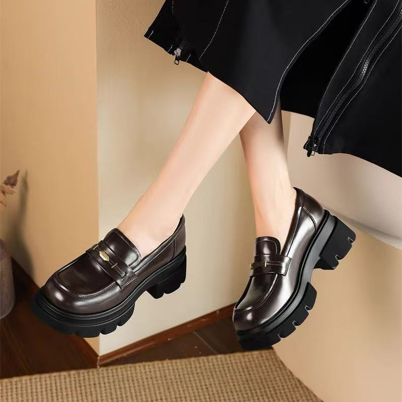 C5379 棕色  英伦风乐福鞋2025新款一脚蹬厚底通勤乐福鞋