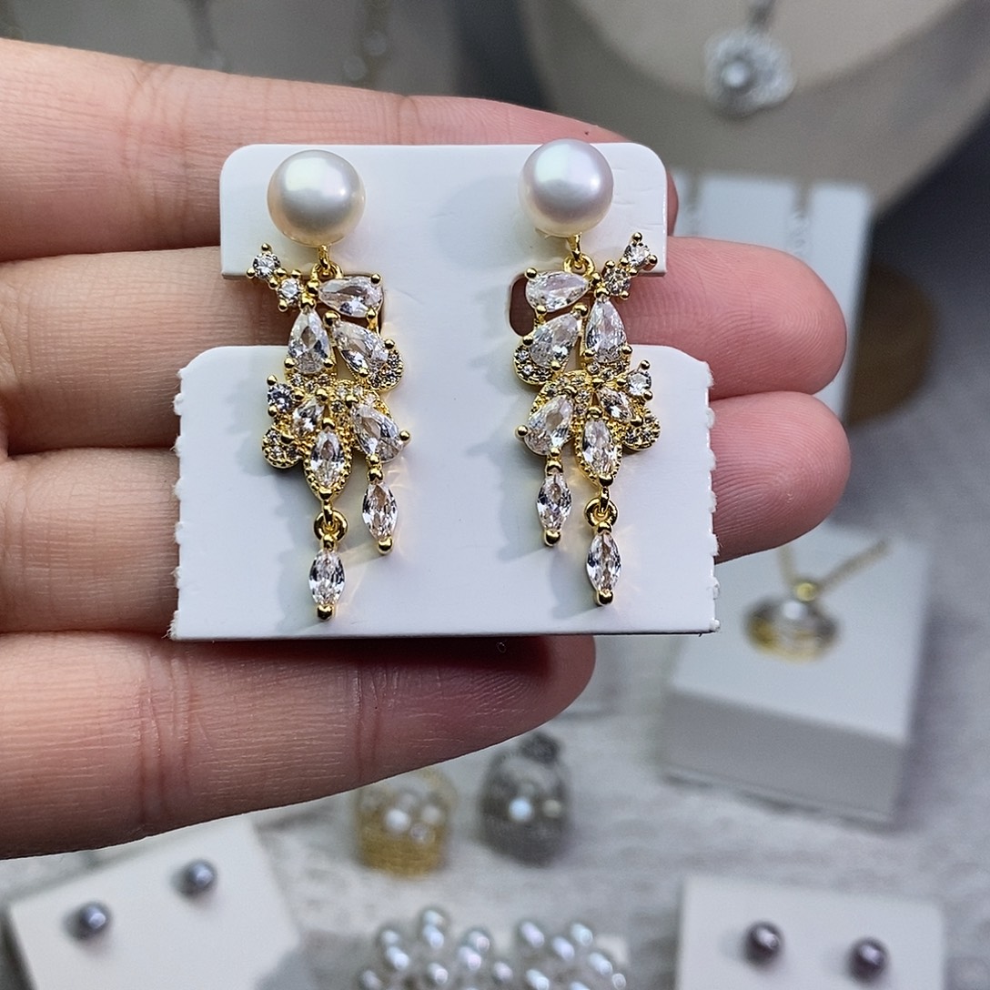 耳饰银S925镶嵌淡水珍珠