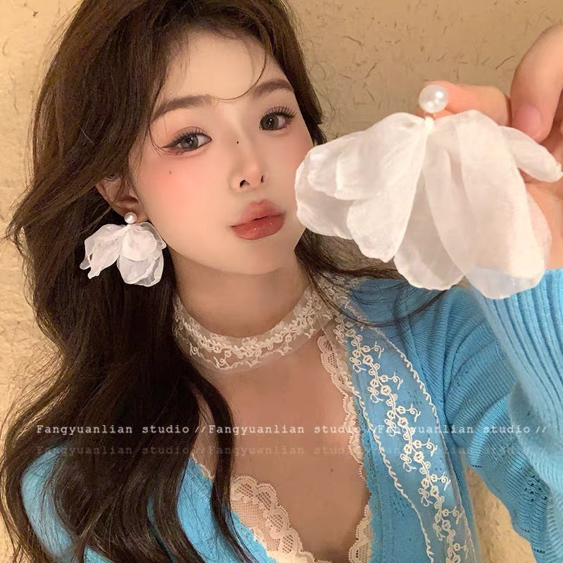 925银耳饰 s925银针杏色珍珠花瓣耳环女2025年高级感耳环气质耳饰