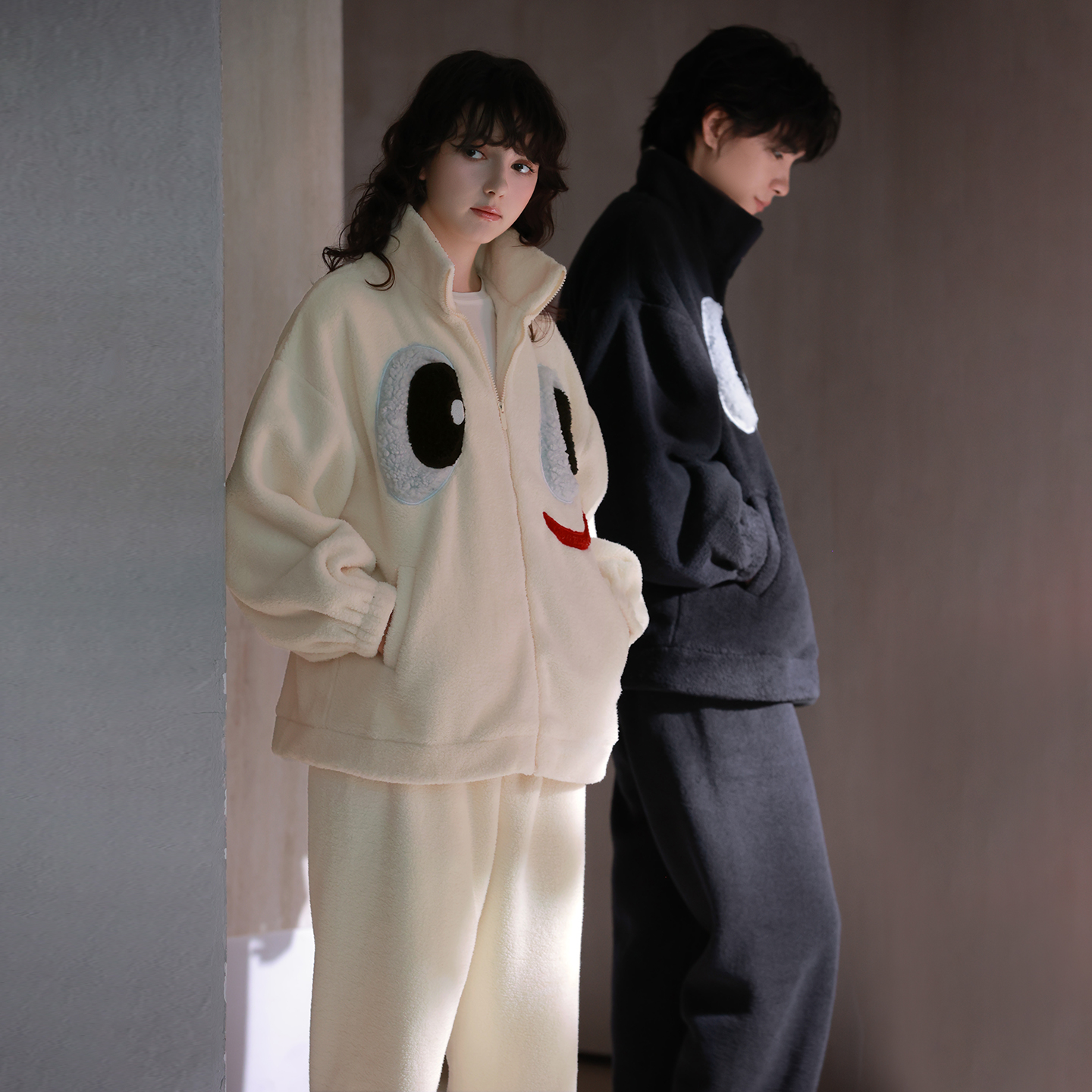 马克公主高领拉链情侣睡衣女秋冬季可爱搞怪珊瑚绒可外穿家居服男