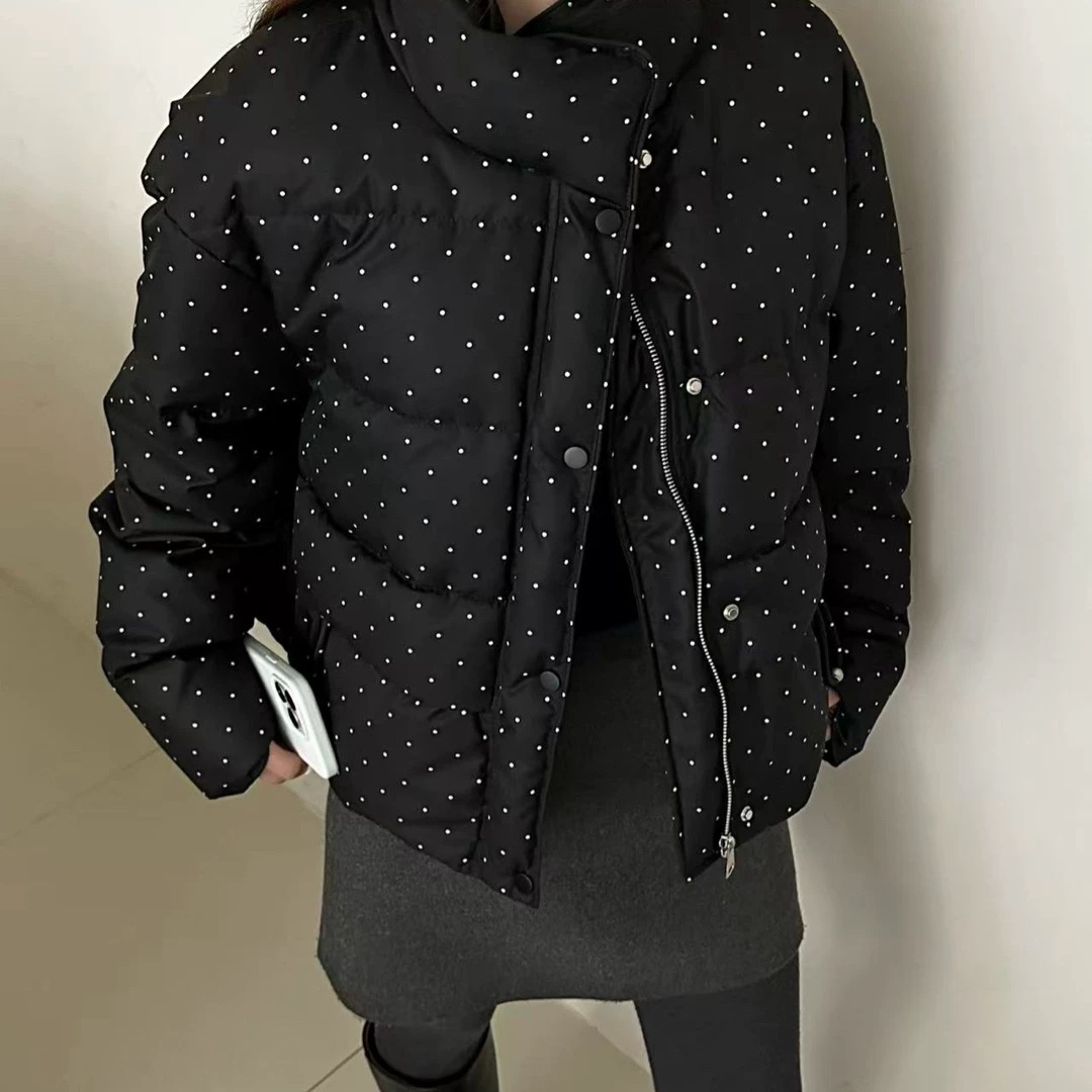 （衣长56）9571立领印花波点羽绒面包服女冬款白鸭绒羽绒外套