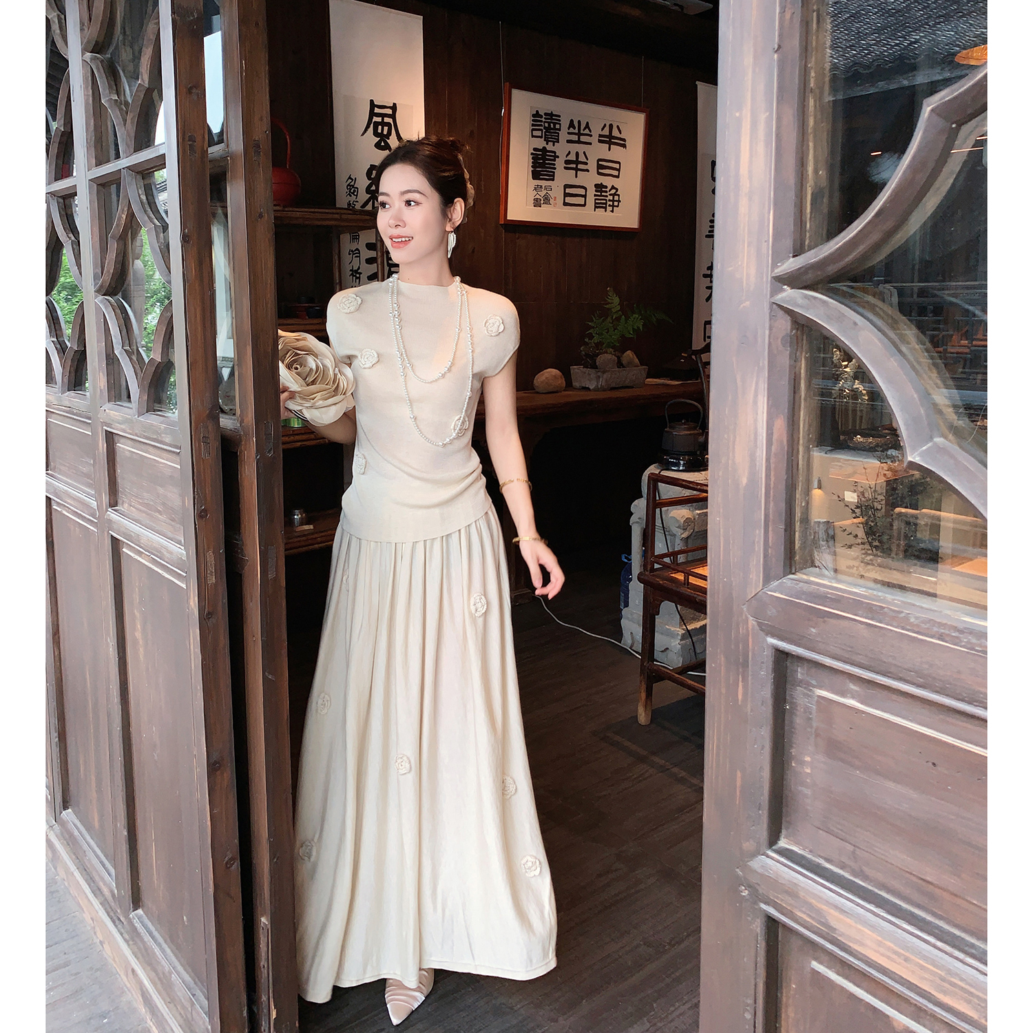 果果家 新中式2025秋季女A型高腰松紧带长裙中长裙半身裙拼接女装