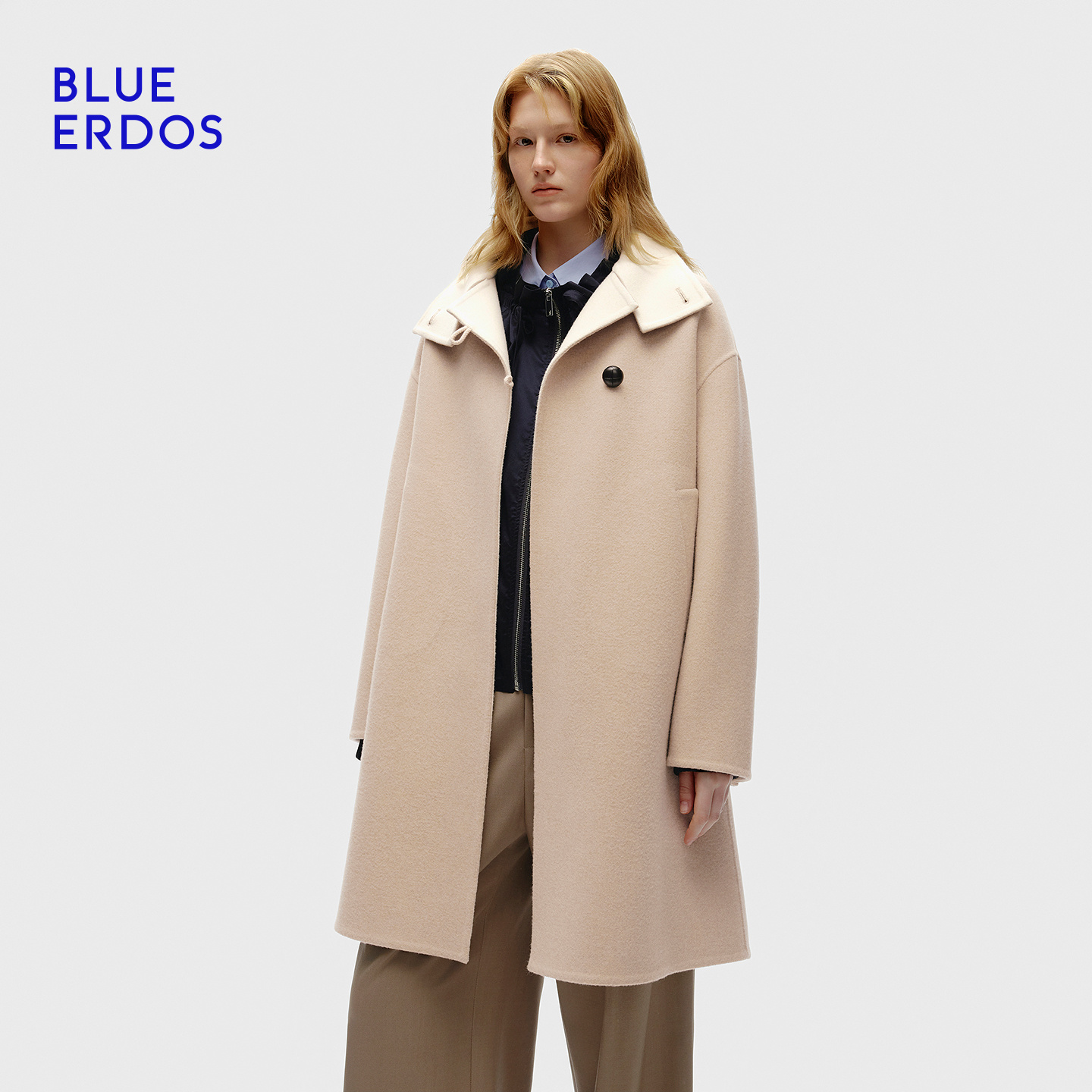 BLUE ERDOS25冬季新品羊毛羊绒立领系带双面呢大衣女B256K4009