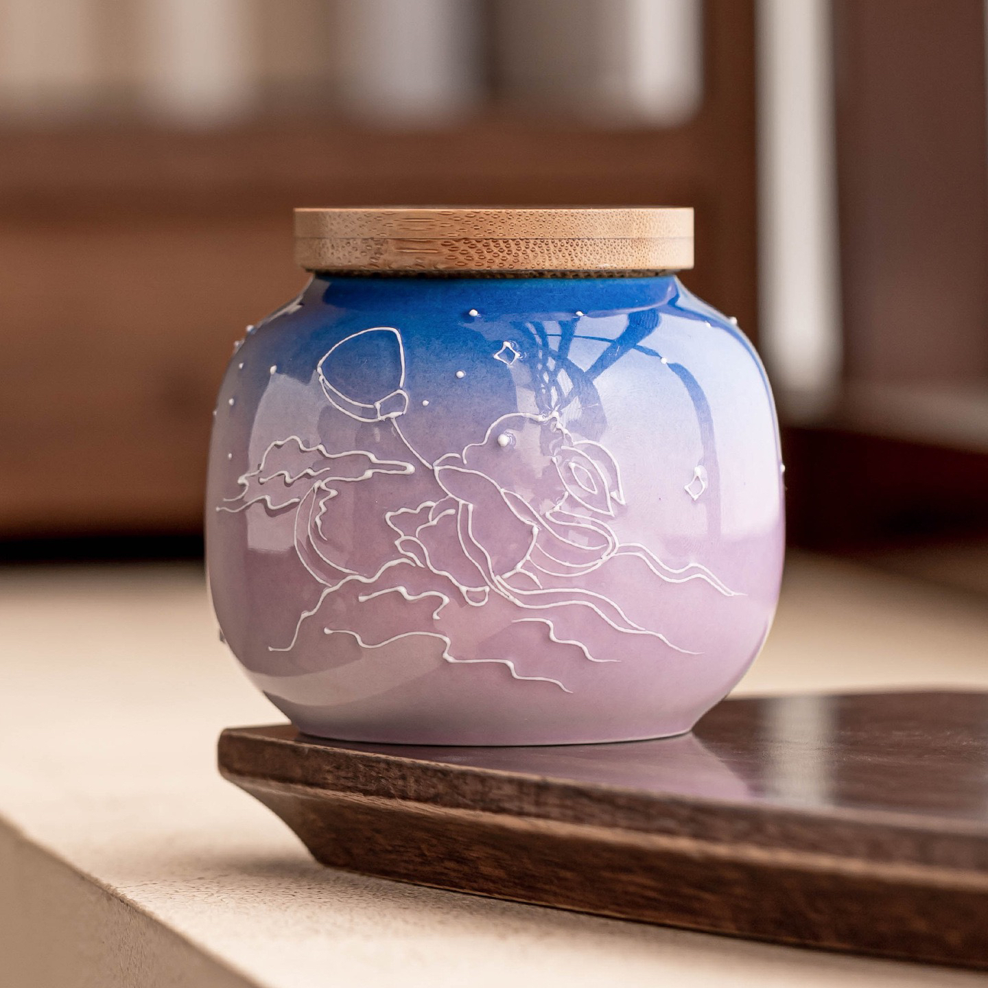 渐变紫陶瓷茶叶罐玉兔可爱兔子密封罐