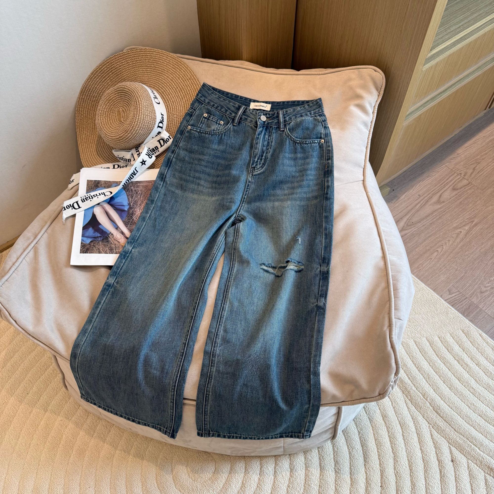 【婷婷推荐】25022夏季韩版破洞直筒阔腿九分牛仔裤显瘦慵懒风百搭