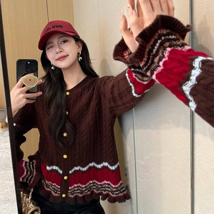 NancyCavally专柜款暖糯云感舒适 慵懒风撞色波浪花边针织开衫女