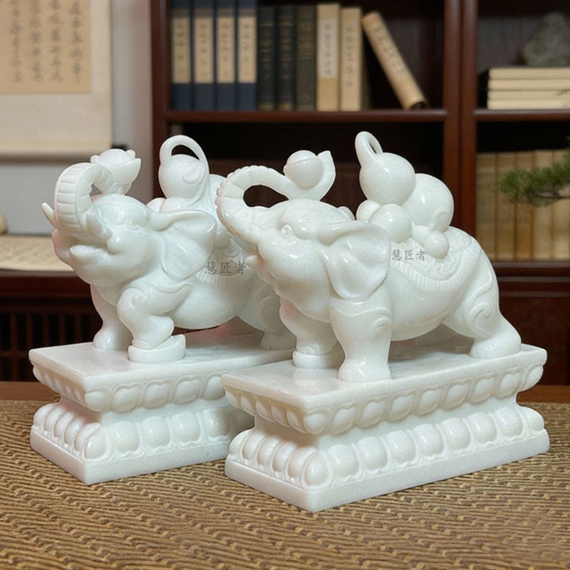 汉白玉可爱书房小象俏皮象摆件