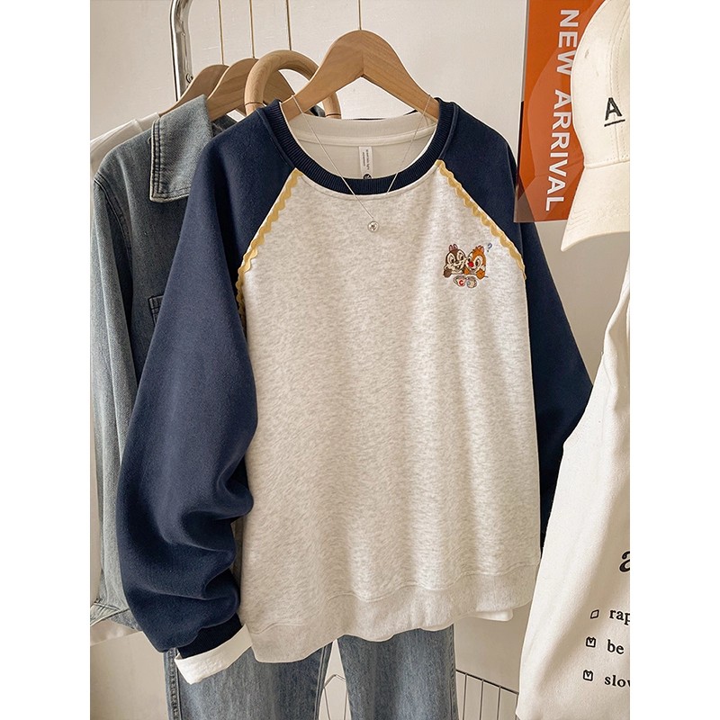 宽松小个子无帽刺绣卫衣女秋冬加绒加厚拼接慵懒风外套上衣初中生