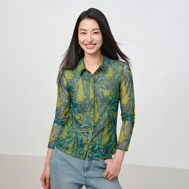 EP雅莹2025早秋新款女装 复古印花轻薄针织网眼修身衬衫上衣2110A
