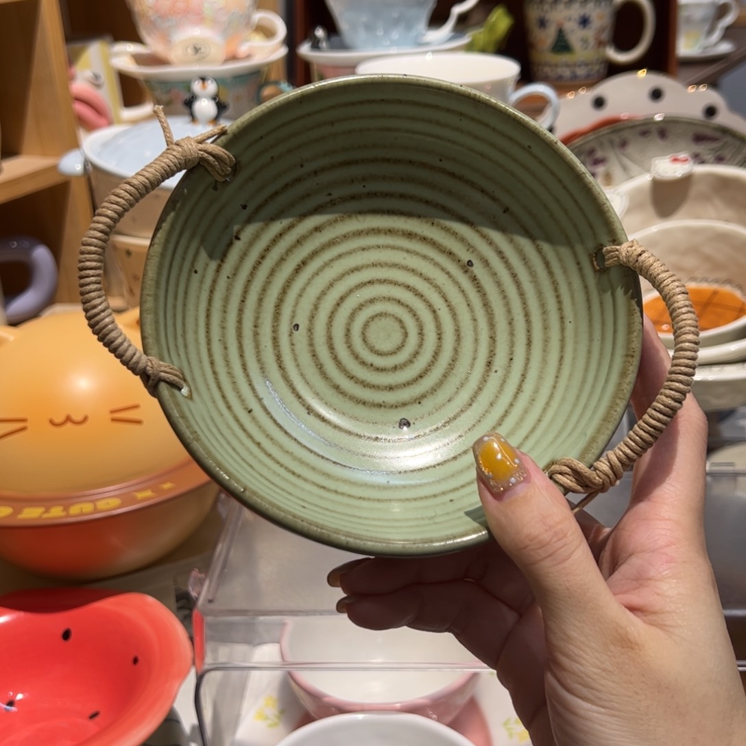 手作芥末绿提梁小碗