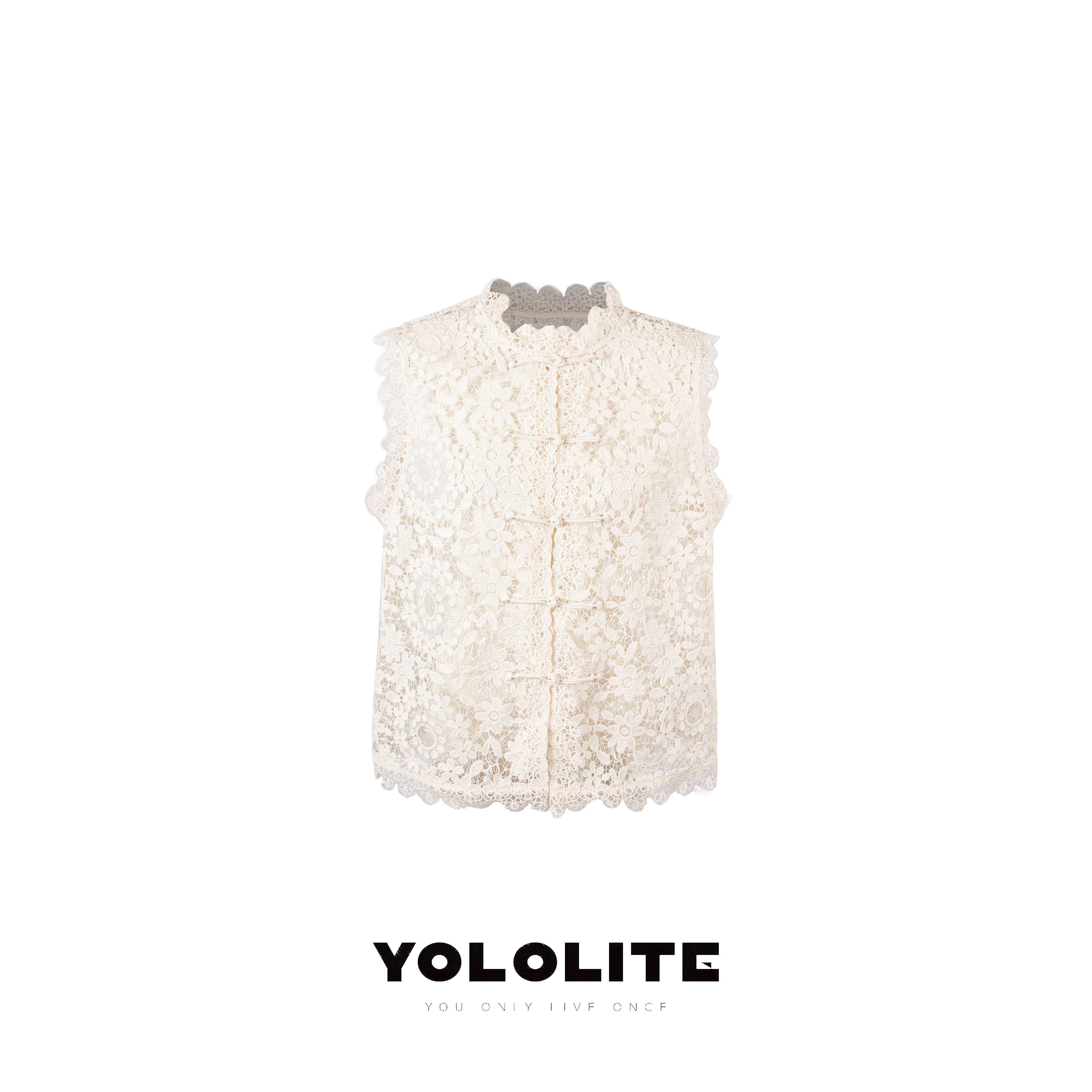 YOLOLITE【晚霞】2668国风夏季新款蕾丝花瓣圆领盘扣无袖马甲