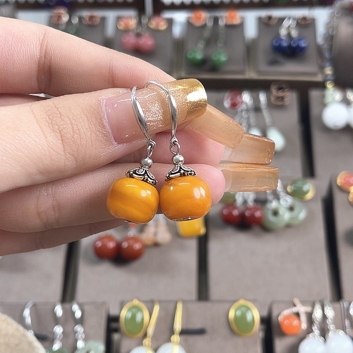 蜜蜡耳饰银S925镶嵌12左右