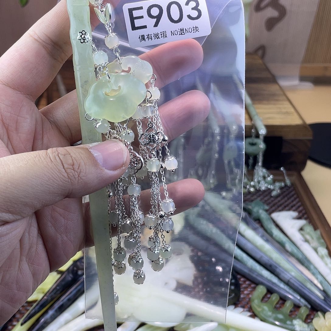 蛇纹石玉发饰银S925镀金镶嵌湘*