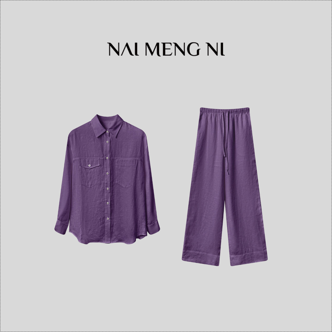 NMN王火火&慵懒亚麻宽松春秋新款休闲翻领套装 26N13058