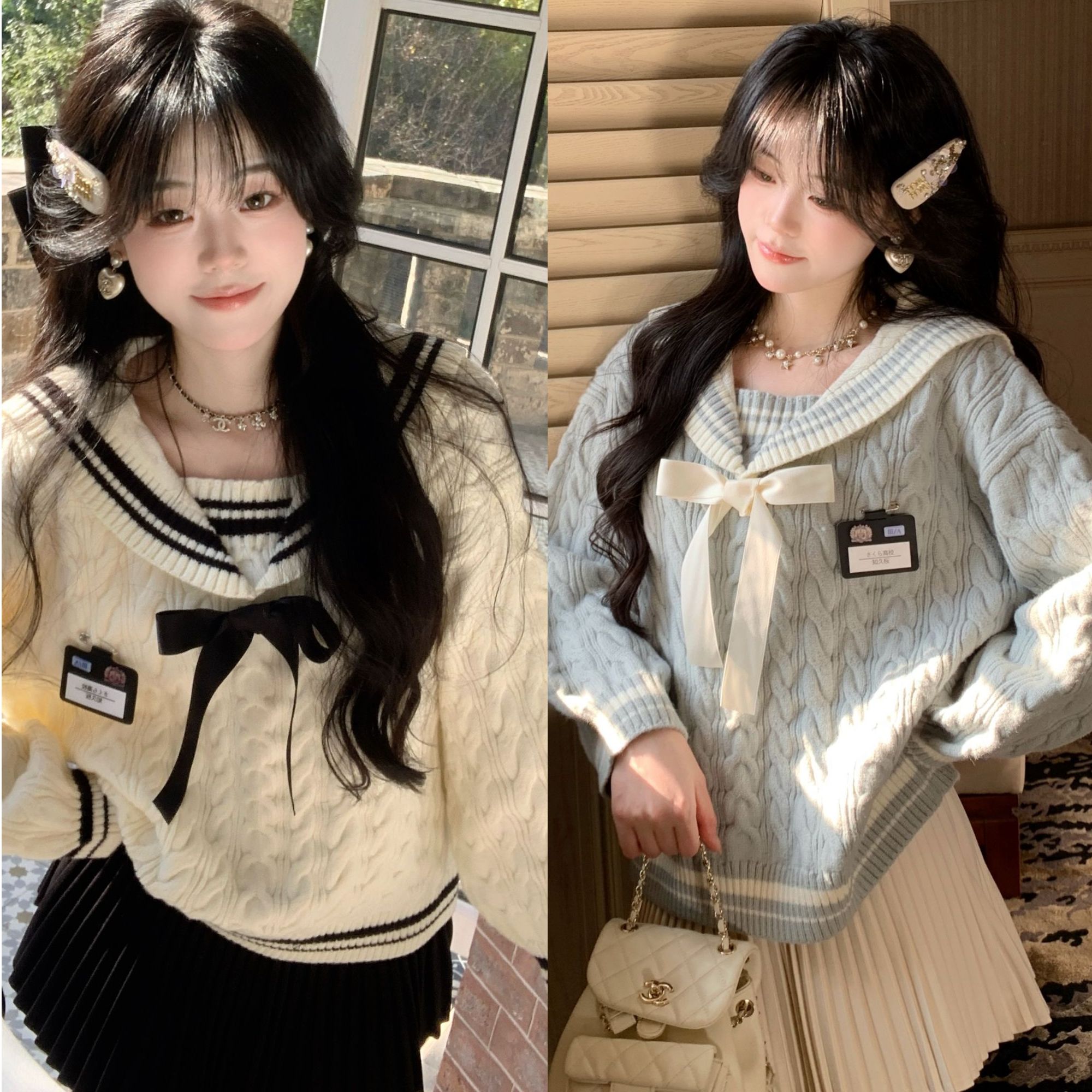 Blovelan郁色水波 学院风翻领针织衫女复古水手领宽松百搭上衣