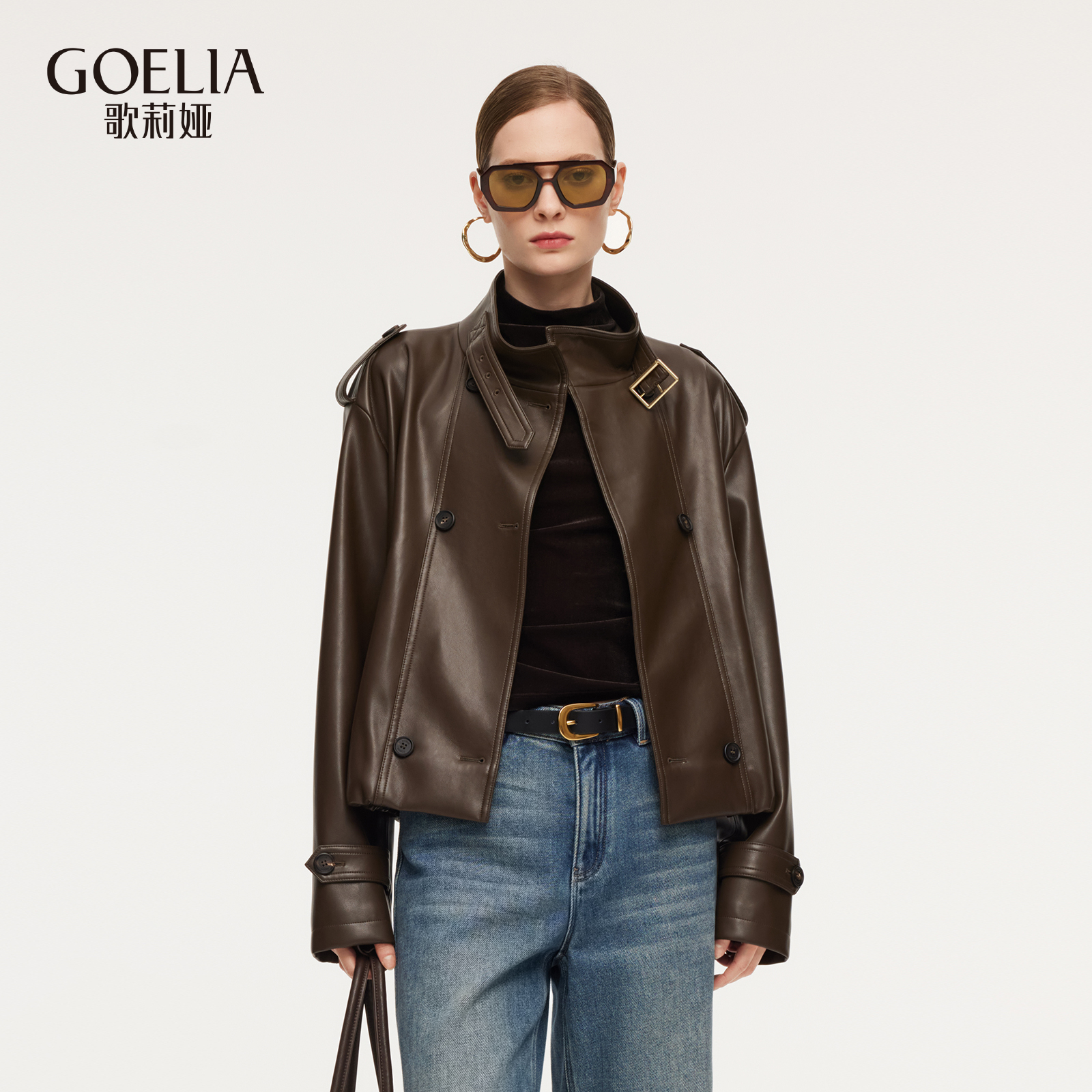 歌莉娅双排扣风衣皮夹克防风通勤百搭春季新款短款外套1F1C6F560