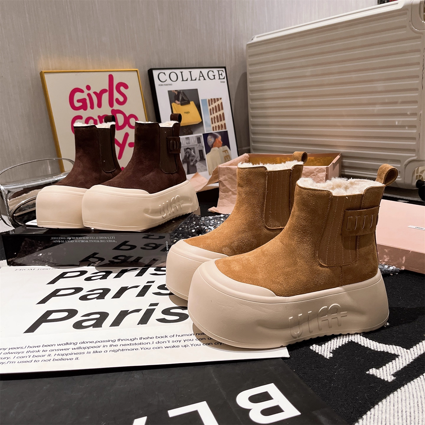 【余】保暖厚底松糕大头面包鞋马丁靴机车靴短靴加绒雪地棉靴女鞋