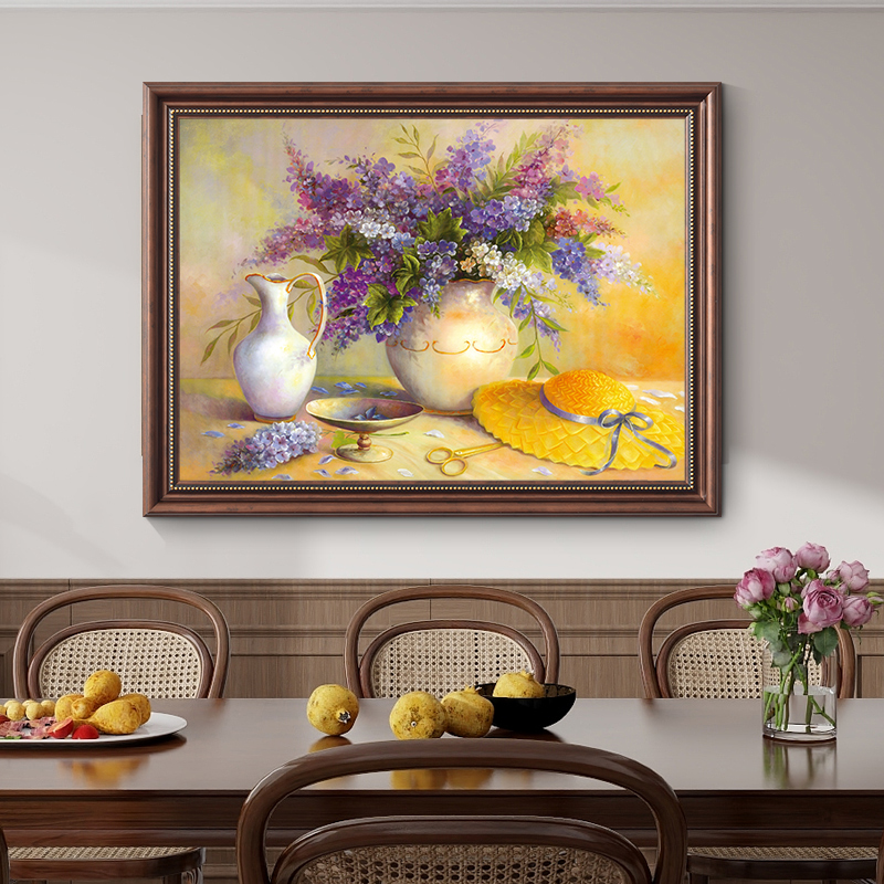 《丁香花影》美式横版装饰画复古花卉餐厅挂画肌理油画古典饭厅壁画