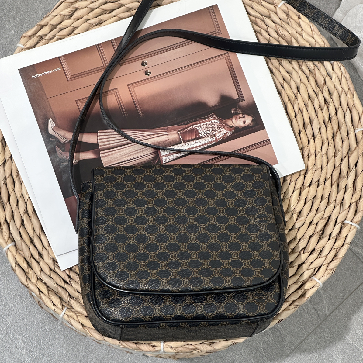 95新 Celine/思琳 黑花拼皮单肩斜挎包邮差小方包