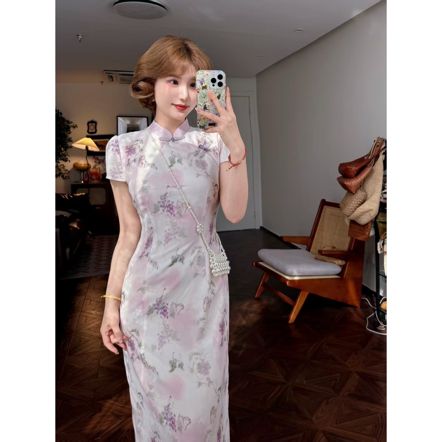 蕾英俊-萄醉猫-春季紫葡萄猫咪印花晕染显瘦气质旗袍连衣裙JF6119