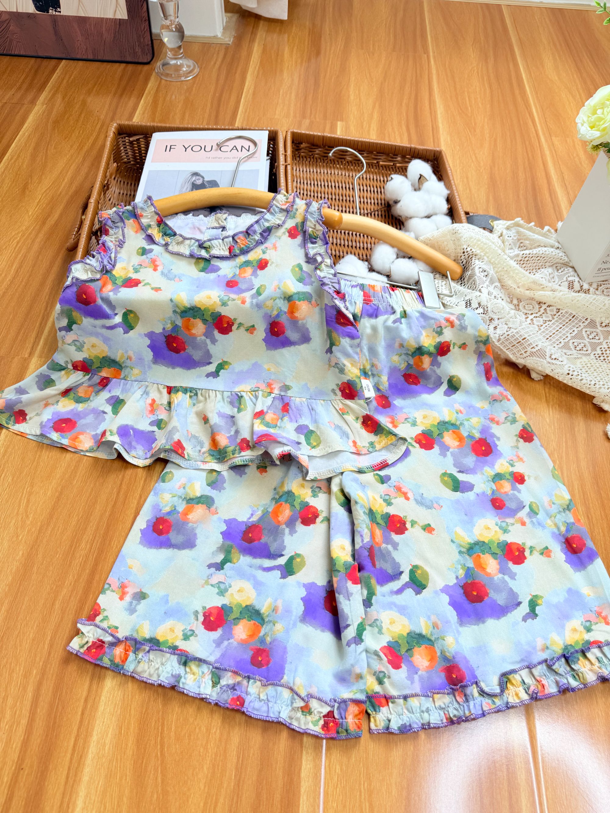 儿童碎花棉绸套装夏季新款九分裤套装女宝宝洋气百搭爆款两件套