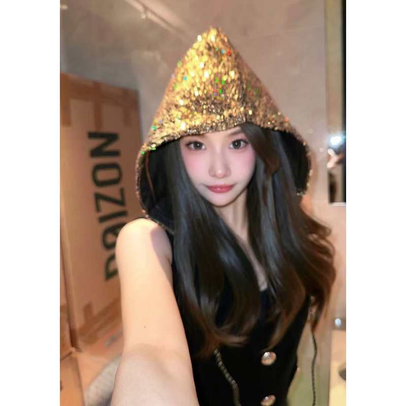 【LL】香家黑色金帽子全珠片针织马甲