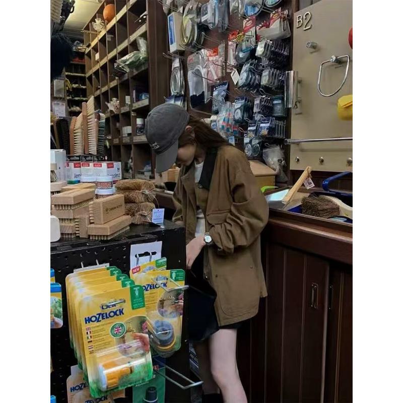 小雅姐姐  复古时髦翻领拼接撞色工装风衣外套KD89