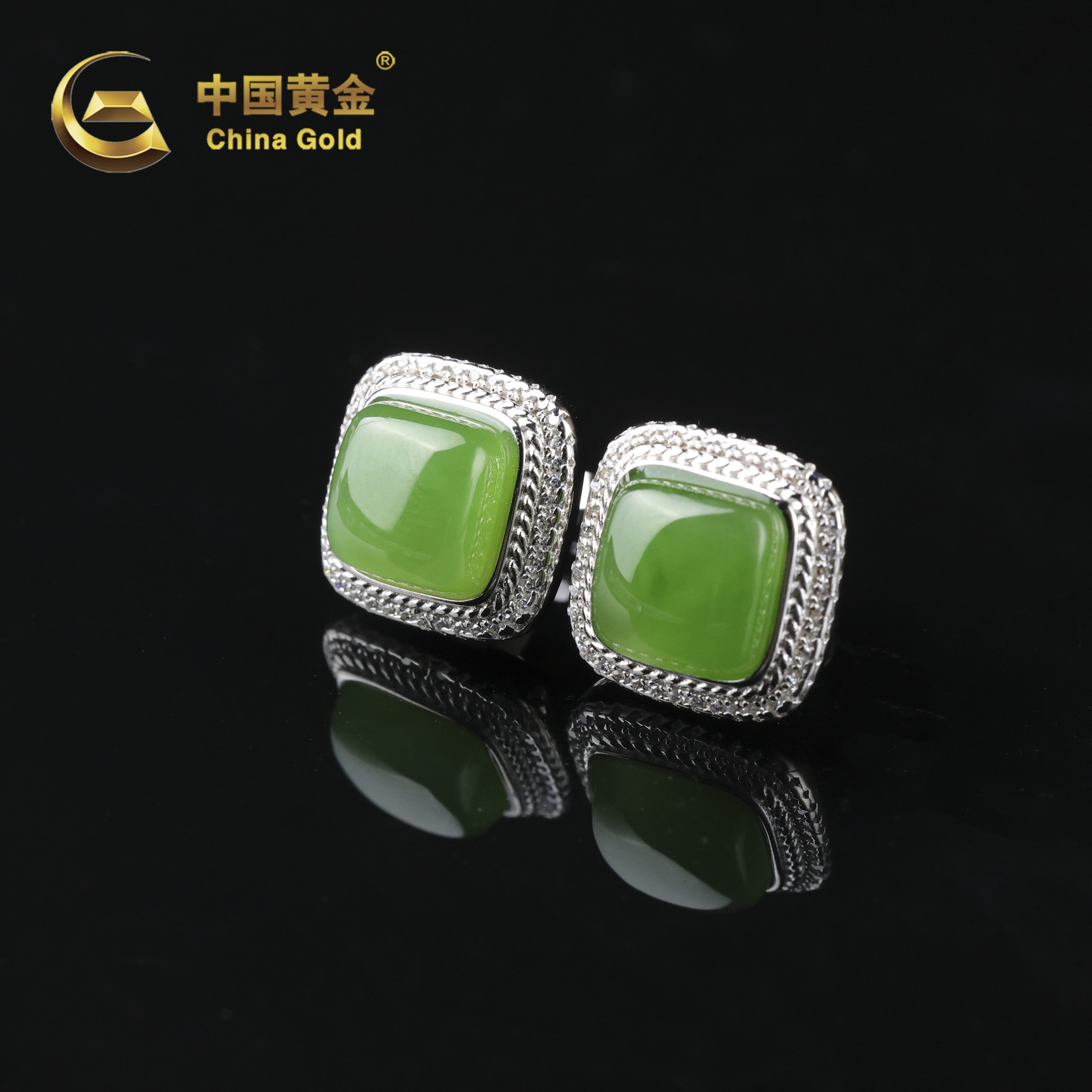  【中国黄金】翠遇 | 和田玉*耳饰*S925银镶嵌-R1921-L-Y