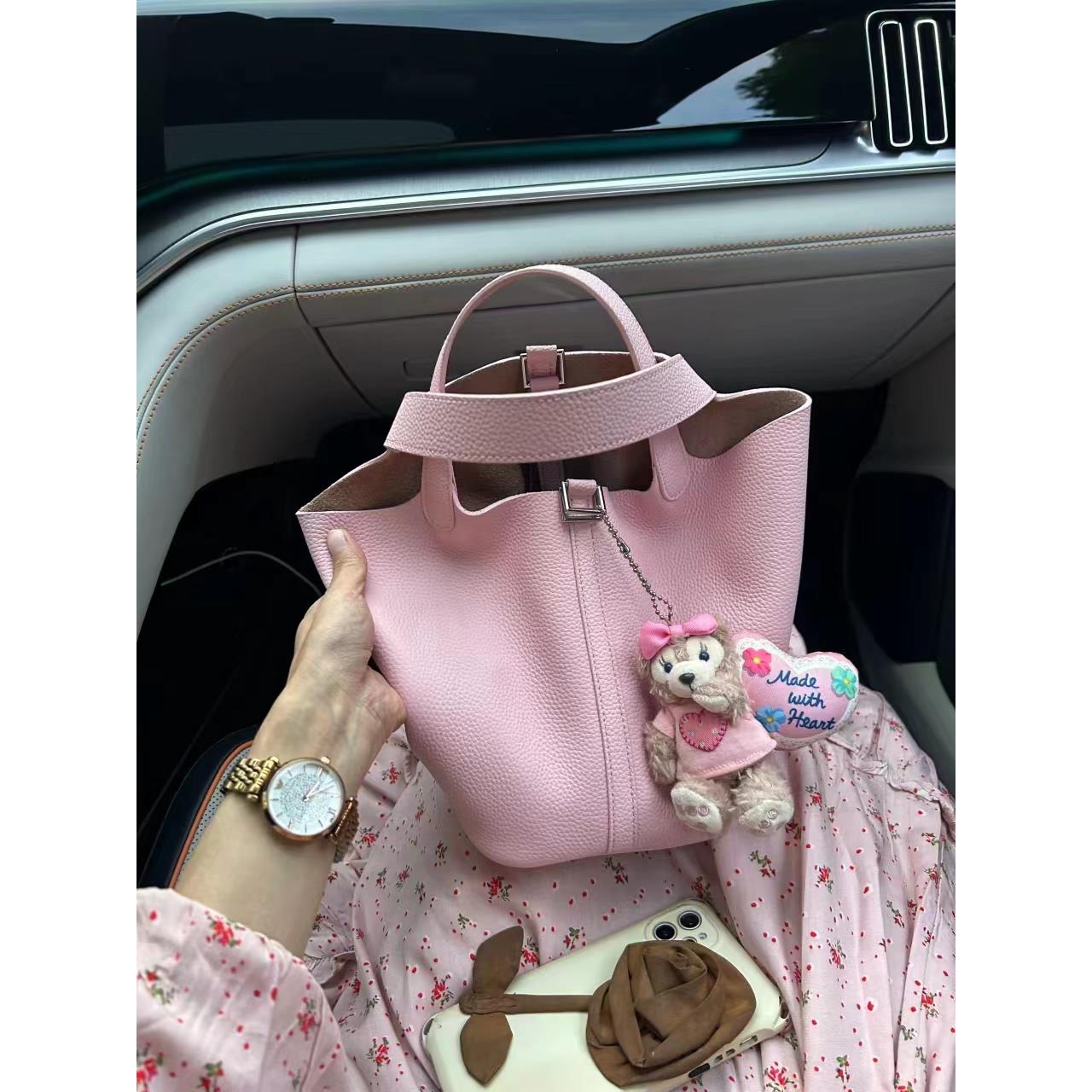 头层3q粉菜篮子包包2024新款手提包时尚通勤包大容量真皮女包