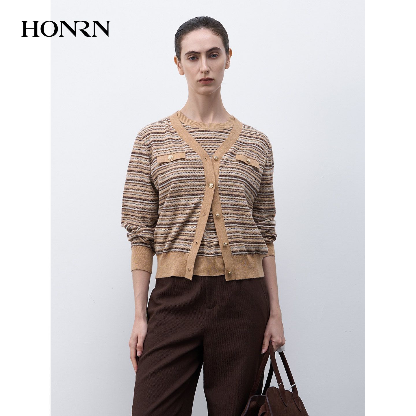 HONRN红人老钱风长袖针织条纹毛衫宽松开衫33320上衣秋冬针织衫