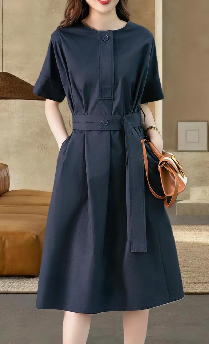 常规连衣裙中POLO领高腰云感亚麻无袖裙单排扣夏季