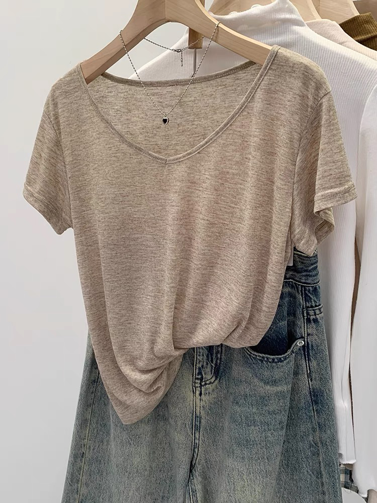 (22.9-49.99)通勤V领吸汗速干女式短款波点T恤显瘦韩版短款圆领