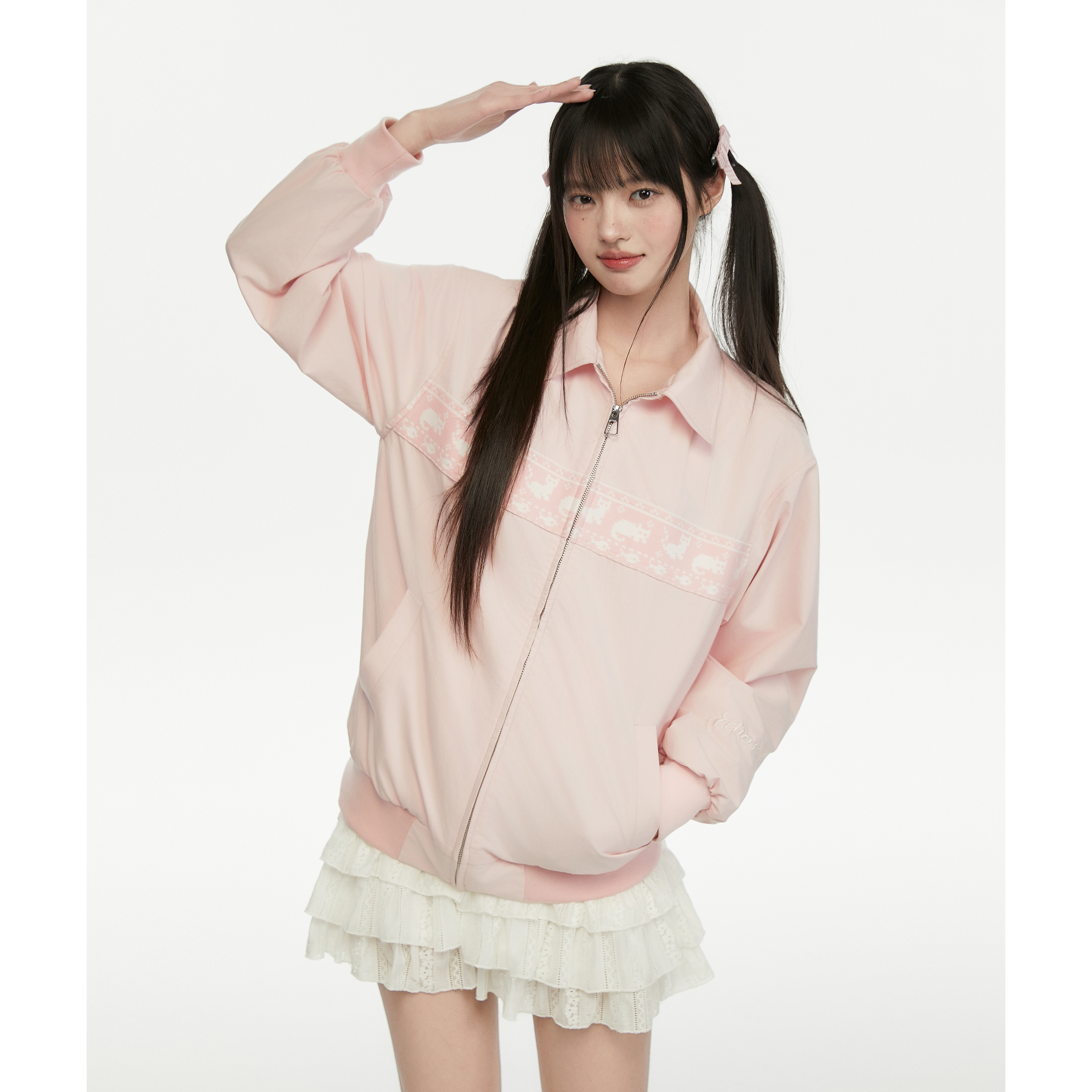 ECHOSTA小猫像素织带粉色开衫夹克费尔岛宽松春季外套防风可爱