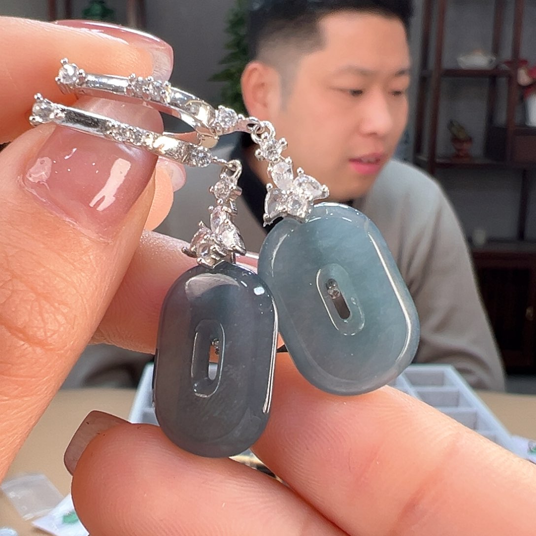 翡翠耳饰银S925镶嵌耳环3