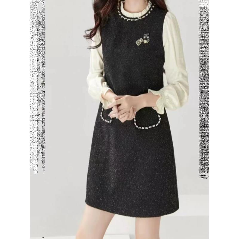 【Y3351】秋季新款撞色拼接木耳领洋气显瘦小香风连衣裙