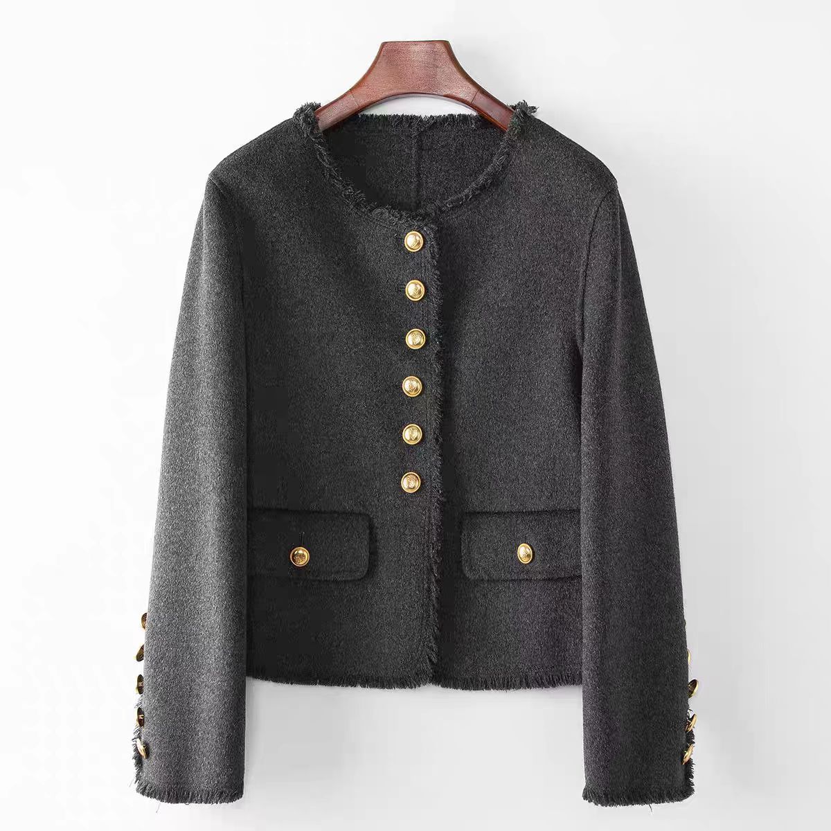 毛呢外套秋冬法式香风粗花呢外套上衣圆领常规短款