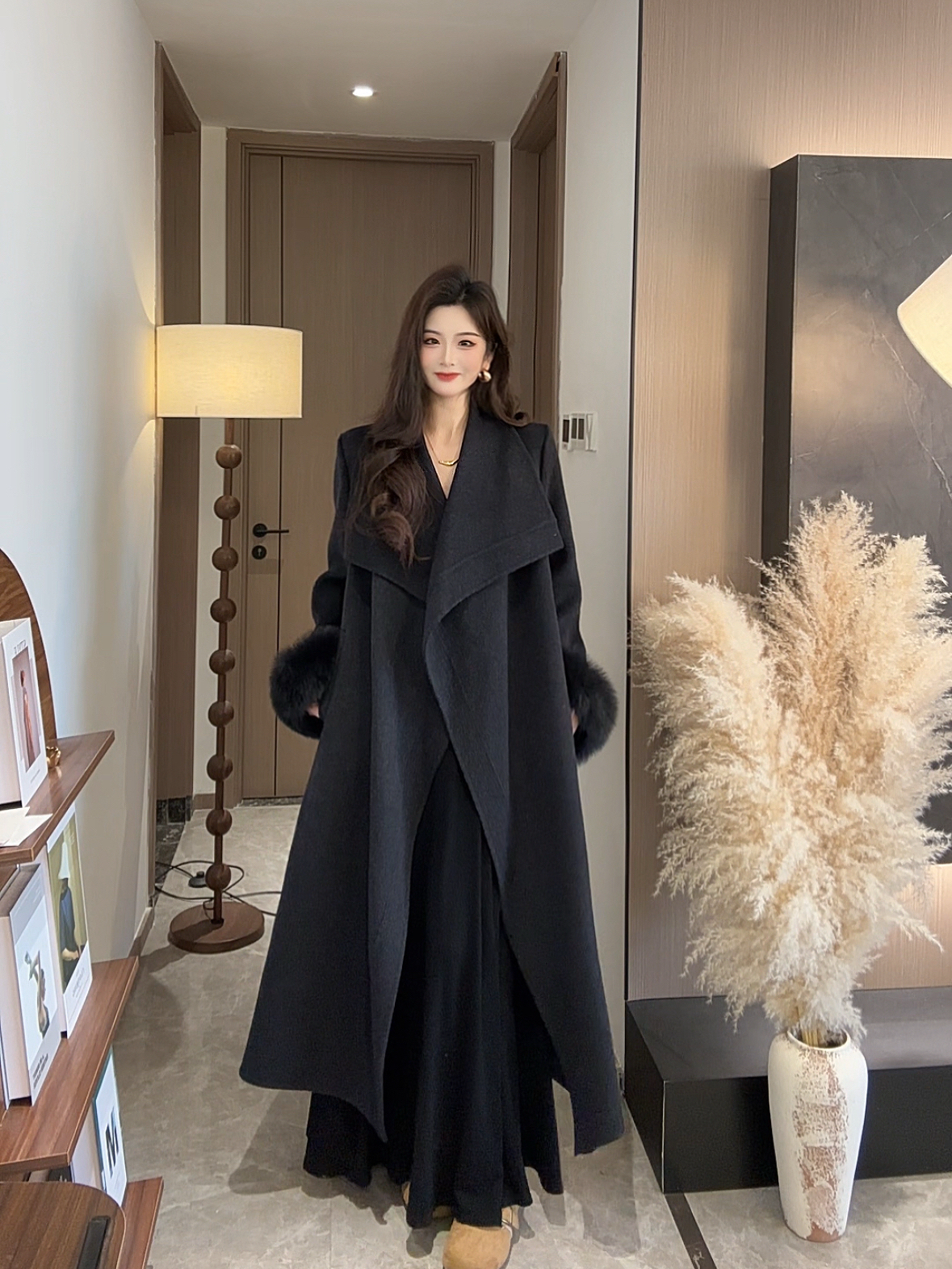 珩绣气质欧美风格宽松型长款女老钱风毛呢外套长款款时尚毛呢8865