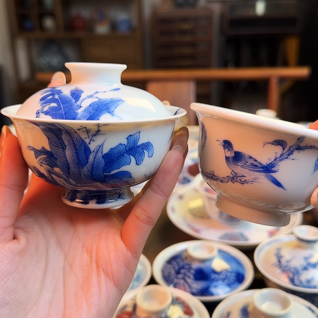 杯重工花鸟盖碗加杯纯手绘福利