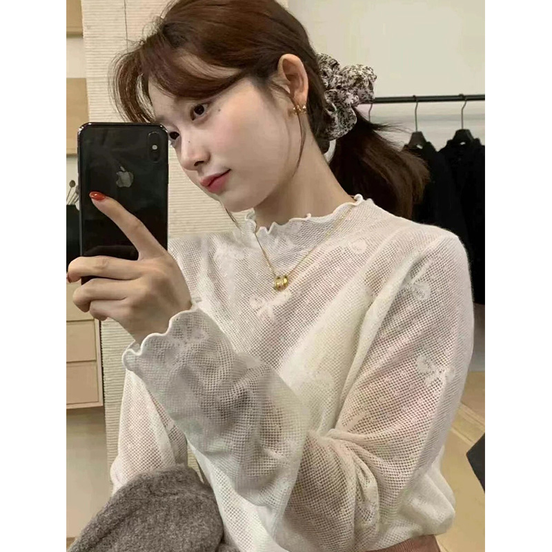 【木耳边立领蝴蝶结】春装新款时尚韩版镂空春夏打底上衣女